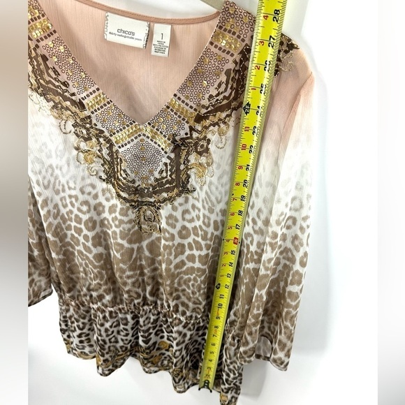 Chicos Size 1 US 8 Medium Top Sheer Leopard Sequin Peplum Shirt Animal Print - Picture 7 of 8